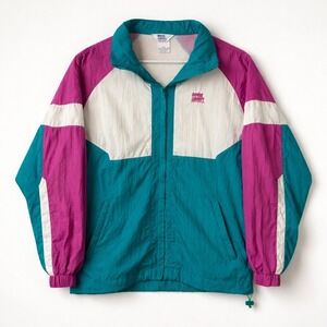 Vtg 90s Moving Comfort Colorblock Windbreaker Jacket Teal Magenta White Womens M